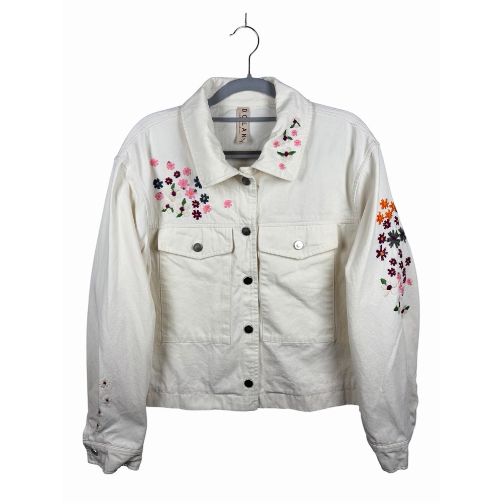 Dolan Women's Floral Embroidered Cream Cotton Trucker Jacket Sz L - Picture 3 of 12